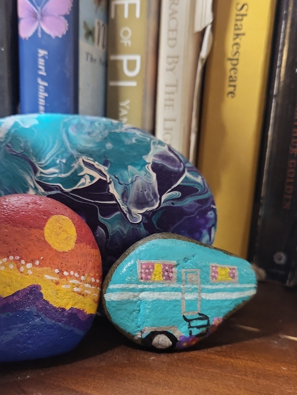 Hand-Painted Turquoise Camper Rock Art - Home Art Accent